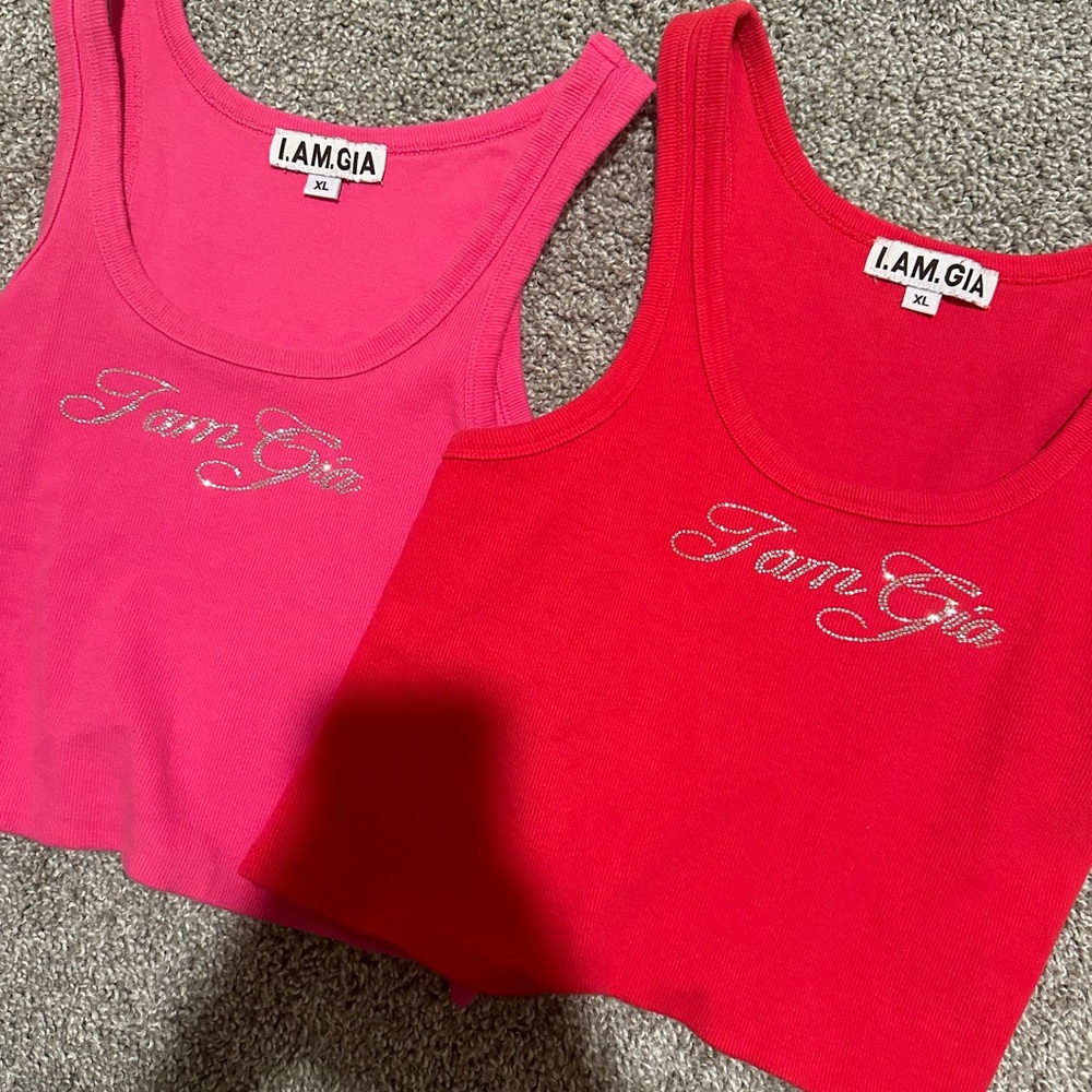 Two I Am Gia Rhinestone Logo Crop Tanks
